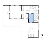 Apartment with three bedrooms, kitchen, and bathroom. Outdoor area with garage.