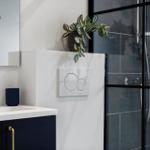 Bad mit Waschbecken, Spiegel, Pflanze und Dusche mit Glaswand.