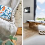 Ein Buch liegt auf einem Stuhl mit Decke. Draußen ist ein Holzbank mit Sitzkissen und Schuhe.