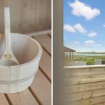 Holzschale mit Löffel in Sauna. Aussicht auf Wiese und Himmel.
