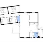 Wohnung mit drei Schlafzimmern, Küche und zwei Bädern. Grundriss mit Orientierung.