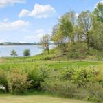 Green field with trees and a lake in the background under a blue sky.