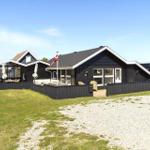 Schwarze Holzhütte mit Terrasse und Dachterrasse. Dänische Flagge weht. Gras und Kies vor dem Haus.