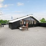 Schwarzes Holzhaus mit Terrasse und Picknicktisch. Umgeben von Grün und gepflastertem Hof.
