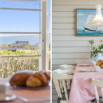 Tisch mit Frühstück und Blick aufs Meer. Wandbild mit Segelschiff.