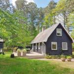 A dark blue wooden house with a roof terrace in the woods. Green lawn and trees surround the house.
