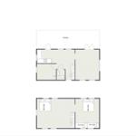 Upper floor with terrace, kitchen, and bathroom. Lower floor with two bedrooms and bathroom.