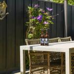 Backyard with table, chairs, and two beer bottles. Plant with purple flowers on the wall.