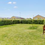 Backyard with lawn, hedge fence, and red garden bench.
