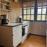 Küche mit Holzwand, Fenstern und Kochfeld. Auf Küchenzeile steht Kaffeemaschine.