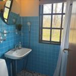 Badezimmer mit blauen Fliesen, Waschbecken, Dusche und Fenster zum Garten.