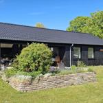 Black wooden house with terrace, grill, and garden. Surrounded by trees and shrubs.
