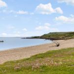 Beach with boat, grassy areas, and blue sky