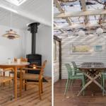 Indoor dining area with table, chairs, and fireplace. Outdoor area with table, chairs, and pergola.