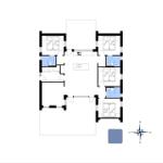 Fünf Zimmer mit Bad und Küche im Grundriss. Mit Kompass für Orientierung.
