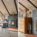 Essbereich mit Tisch, Stühlen und Kamin. Holzdecke und rustikale Einrichtung.
