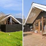 Holzhaus mit Terrasse, Grill und Sitzgelegenheiten. Grünfläche und Baum im Hintergrund.