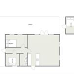 Apartment with terrace, two bedrooms and kitchen. Room sizes are indicated.