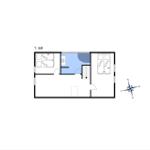 Ground floor plan with two bedrooms, bathroom, and staircase.