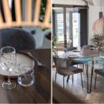 Esstisch mit Stühlen und Gläsern. Durchgang zur Terrasse mit Glasfront.
