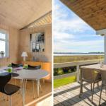 Indoor dining area with view. Outdoor patio with table and chairs overlooking the lake.