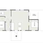 Apartment with kitchen, bathroom, two bedrooms, and covered terrace.