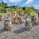 Fire pit with log stumps on gravel. House and greenery in the background.