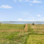 Weitläufiges Grasland mit Pfad zum Wasser unter blauem Himmel.