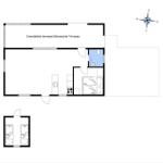 Funktionaler Grundriss mit überdachter Terrasse, Küche, Schlafzimmer und Badezimmer.