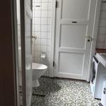 Badezimmer mit Toilette, Waschmaschine und Mosaikfußboden.