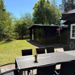 Außenbereich mit Tisch, Stühlen und Grillplatz. Hintergrund: Holzhaus und Grünfläche.
