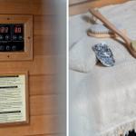 Sauna mit Bedienfeld und Sicherheitshinweisen. Holzoberfläche mit Bürsten und Stein.