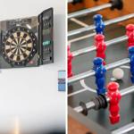 Dartscheibe und Tischfußball für Unterhaltung im Freizeitraum
