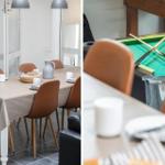 Esszimmer mit Tisch und Stühlen. Nebenraum mit Billardtisch und Stöcken.