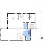 Geschossplan zeigt Wohnfläche, Schlafzimmer, Bad und Sauna mit Raumangaben.
