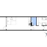 Wohnung mit Küche, Bad und zwei Schlafzimmern. Sofa und Kompass sind eingezeichnet.