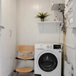 Washing machine in a room with chair and plant on the wall.