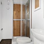 Bathroom with shower, toilet, and sink. Wooden wall in shower area.