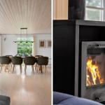 Modern living and dining area with wood-burning stove. Wooden ceiling and large windows.