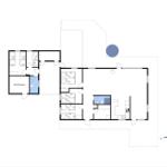 Floor plan with bedrooms, kitchen, and bathroom. Outdoor area with round pool.