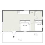 Wohnung mit zwei Schlafzimmern, Küche und Terrasse.