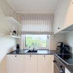 Küche mit Fenster, Spüle und Kochfeld. Weiße Schränke und dunkle Arbeitsplatten.
