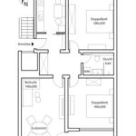 Wohnung mit zwei Schlafzimmern, Essbereich, Duschbad und Loggia.
