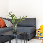 Grauer Sofa mit Kissen, Tisch mit Blumen und Korb mit Spielzeug.