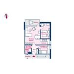 Dieses Apartment hat zwei Schlafzimmer, eine Küche, ein Bad und einen Balkon.