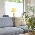 Ein grauer Sofa mit Kissen und Pflanzen im Vordergrund.