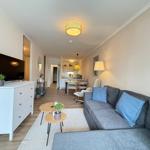 Wohnzimmer mit Sofa, TV und Küchenbereich im Hintergrund.