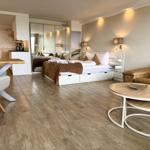 Ein Schlafzimmer mit Bett, Sofa und Küchenbereich. Holzboden und Spiegelschrank.