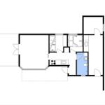 Wohnung mit Küche, Schlafzimmer und Bad. Raumangaben in Quadratmetern.