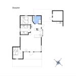 Stueplan zeigt drei Schlafzimmer, Küche, Bad und Wohnbereich mit Kompass.